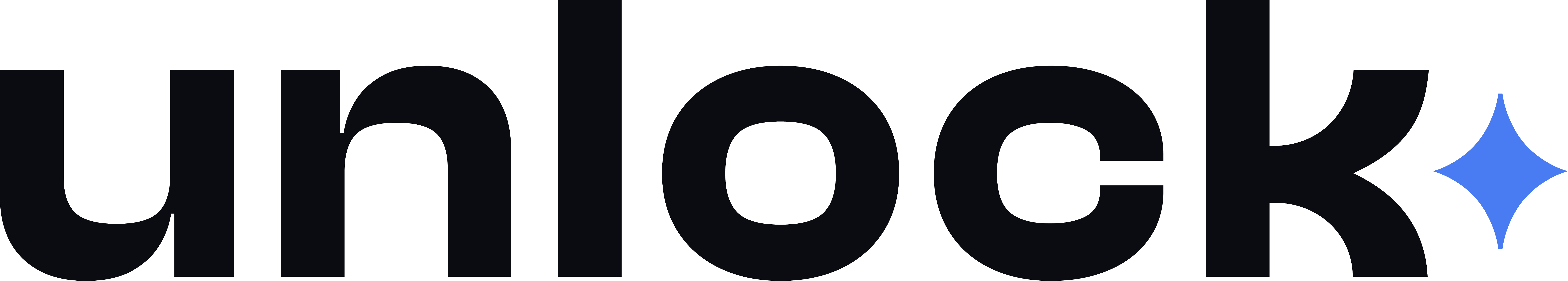 Unlock logo in black lowercase text with a small blue sparkle on the right