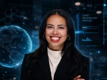 Smiling woman with arms crossed against futuristic blue tech interface background.