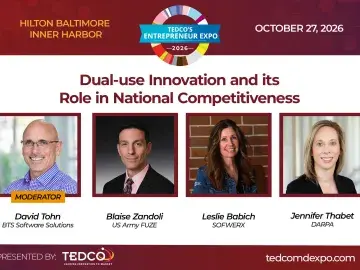 Event banner: TEDCO dual-use innovation panel with four speaker headshots.