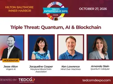 Event graphic: “Triple Threat: Quantum, AI &amp; Blockchain” with four speakers.