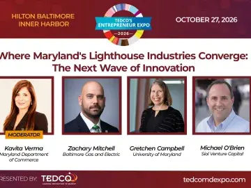 Conference banner with three speaker headshots and “Maryland’s Lighthouse Industries Converge”