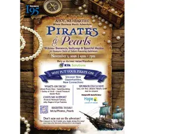 Book cover: “Pirates of the Pearl Coast” on parchment with a sailing ship illustration
