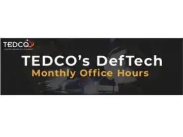 Graphic banner reading “TEDCO’s DefTech Monthly Office Hours” on a dark background.