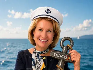 Smiling woman in captain hat holding a TEDCO anchor trophy on a ship, ocean behind
