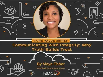 Graphic with woman’s portrait; text: “Communicating with integrity—Why Truth Builds Trust”.