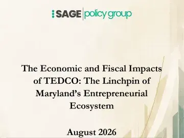 Title slide: Economic and Fiscal Impacts of TEDCO, August 2026, Sage Policy Group