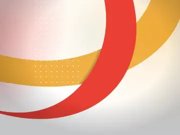 Abstract graphic with red and gold curved bands and a dotted pattern on a light background