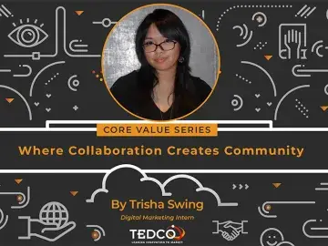 Promotional banner with woman’s headshot and “Where Collaboration Creates Community” text