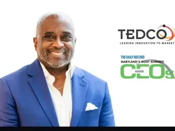 Smiling man in blue suit beside TEDCO logo and Maryland CEOs event text.