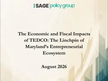 Title slide: “Economic and Fiscal Impacts of TEDCO,” Sage Policy Group, August 2026