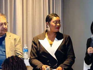 Supro Ghose, chief information security officer (from left), Graphene Security and vice co-chair of the Cyber Maryland Board; Shuana Davis, deputy director of the Maryland workforce development board; Maryland Secretary of Labor Portia Wu.