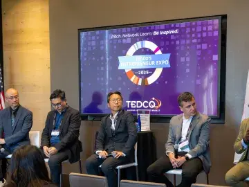 Asia Maryland Panel at TEDCO's 2025 Entrepreneur Expo; from left to right: David Tohn; Kunlun Lien; Kay-Mok Ku; MyeongSeon Kim; Eddie Resende; Troy Lemaile-Stovall