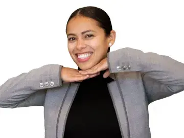 Geyssel Gonzalez in gray blazer with hands under chin, on white background