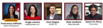 Row of five professional headshots with names and titles beneath on a red-and-white page.