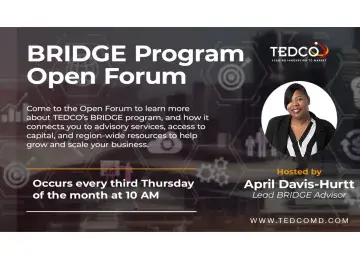 TEDCO BRIDGE Program Open Forum flyer with speaker headshot, April 8