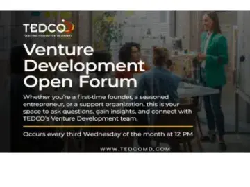 TEDCO flyer: Venture Development Open Forum, people meeting in office.