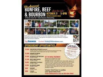 Event flyer titled “Bonfire, Beef &amp; Bourbon” with schedule and photo collage