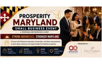Prosperity Maryland small business event banner with people networking at a reception
