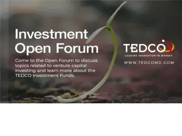 TEDCO Investment Open Forum banner with sprouting seedling on dark soil
