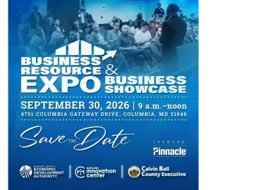 Blue event flyer for Business Resource &amp; Expo Showcase, Save the Date: Sept 30, 2026.