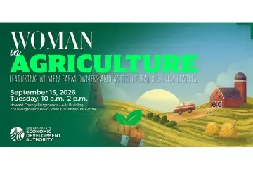 Flyer: Woman in Agriculture event over farm scene with tractor, hay bales, barns.