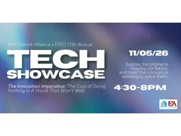 Tech Showcase event flyer, 11/05/26, 4:30–6 PM, blue geometric background