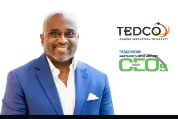 Smiling man in blue suit beside TEDCO logo and Maryland CEOs event text.