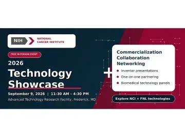 Graphic flyer for 2026 Technology Showcase with date, time, and commercialization topics.