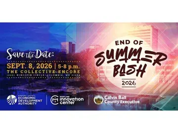 Colorful flyer for End of Summer Bash 2026; Save the Date Sept 8, 5–8 pm.