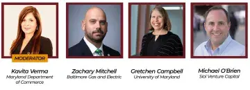 Four speaker headshots in a row with names and titles beneath each.