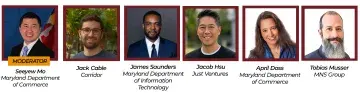 Graphic with seven speaker headshots and names in a row.