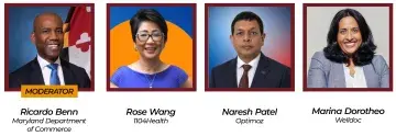 Four staff headshots with names and titles on a red background.