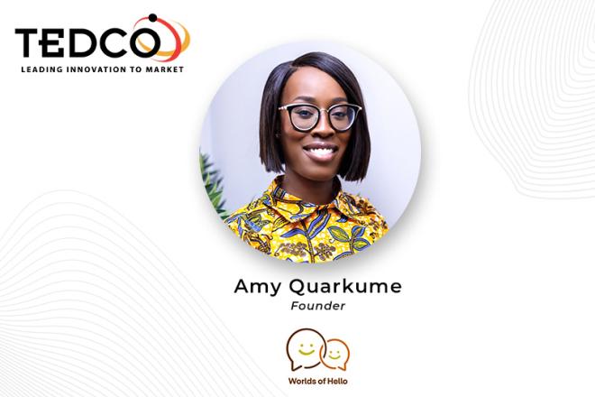 Headshot of Amy Quarkume, founder of Worlds of Hello and Howard University associate professor, with TEDCO and Worlds of Hello logos