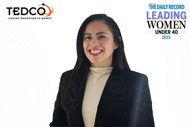 Headshot of Geyssel Gonzalez with the TEDCO logo and The Daily Record's Leading Women Under 40 Logo
